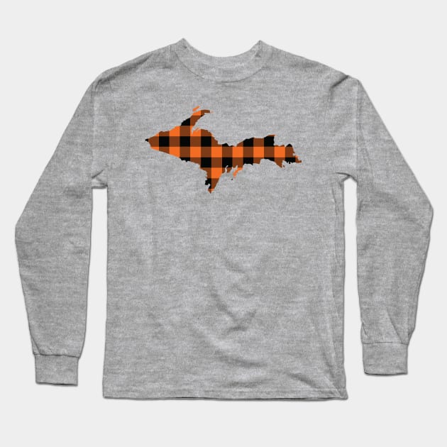 Upper Peninsula of Michigan Blaze Orange Flannel Long Sleeve T-Shirt by DoctorWatsonDesigns